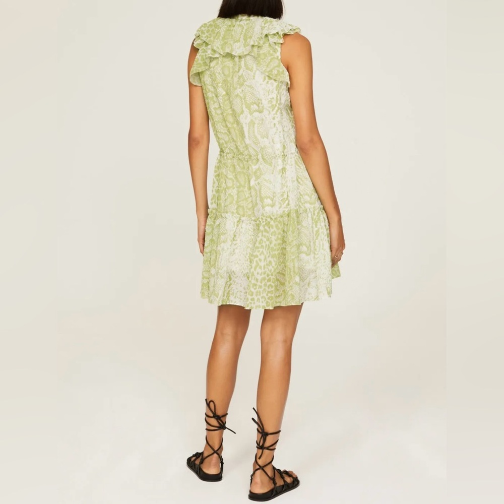 NWT AllSaints Ali Noche Size 10 Green White Summer Dress Tie Waist Ruffles Snake - Picture 3 of 7